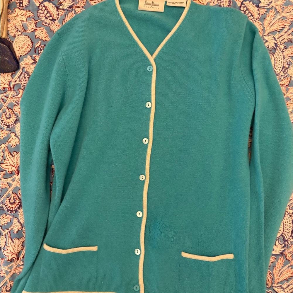 Neiman Marcus Teal Cardigan with Cream Trim